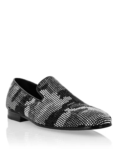 Philipp Plein Embellished Camouflage Moccasin Loafers In Silver