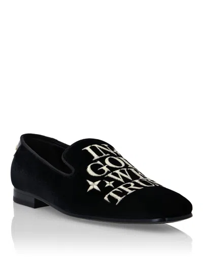 Philipp Plein Velvet Loafers Embroidery Money In Black