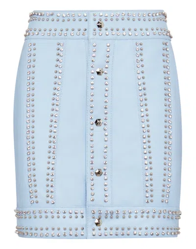 Philipp Plein Leather Skirt Short Crystal In Blue