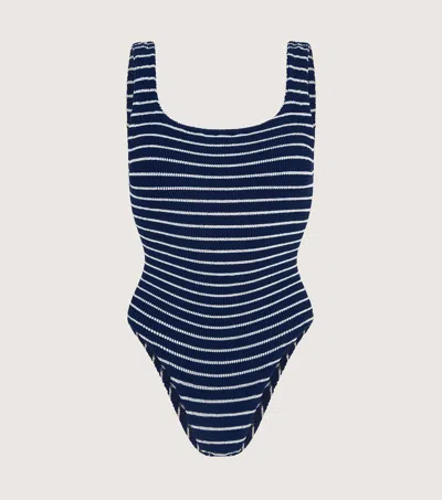 Hunza G Square Neck Crinkle One Piece Swimsuit In Navy/white