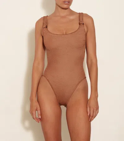 Hunza G Domino Seersucker-weave Swimsuit In Metallic Cocoa