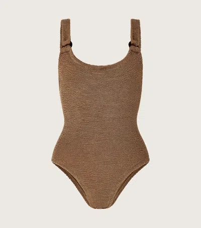 Hunza G Domino Seersucker-weave Swimsuit In Metallic Cocoa