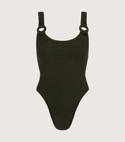 Hunza G Domino Ring-detailed Seersucker One-piece Swimsuit In Metallic Khaki