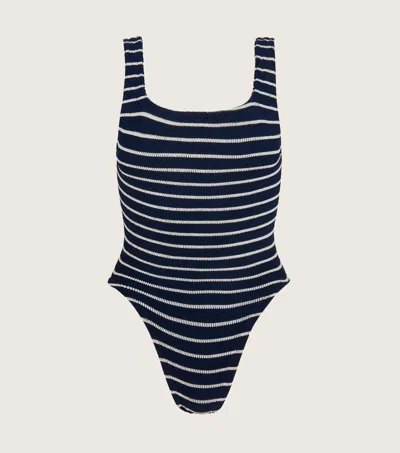 Hunza G Square Neck Crinkle One Piece Swimsuit In Navy/white