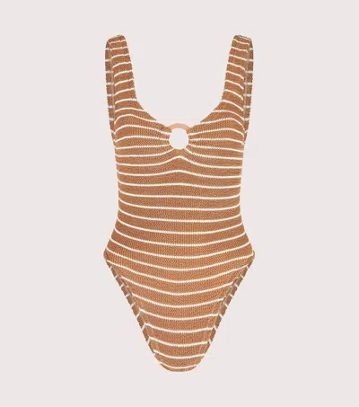 Hunza G Celine Swim With Tonal Hoops | Metallic Cocoa/white |  In Metallic Cocoa/white