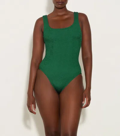 Hunza G Seersucker Texture Open-back Swimsuit In Metallic Forest Green