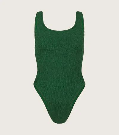 Hunza G Seersucker Texture Open-back Swimsuit In Metallic Forest Green