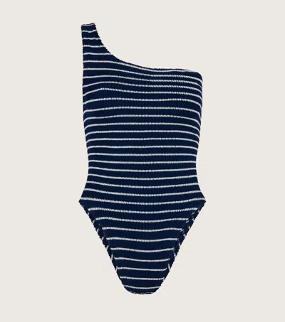 Hunza G + Net Sustain Nancy One-shoulder Striped Seersucker Swimsuit In Navy/white