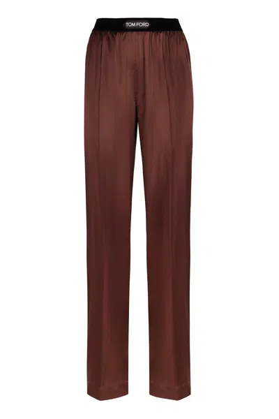 Tom Ford Pantaloni Pajama In Raso Di Seta Elasticizzato In Brown
