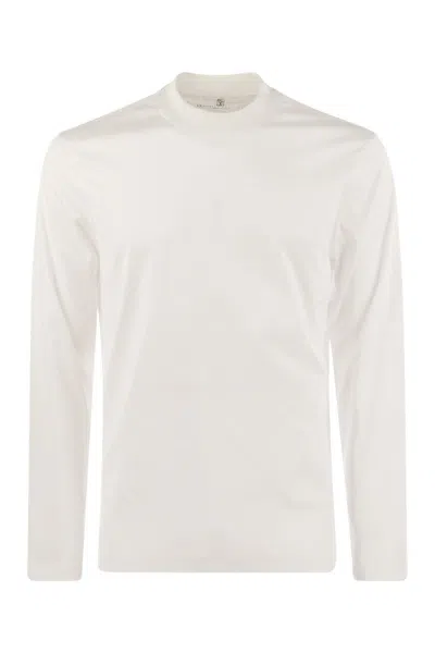 Shop Brunello Cucinelli Men's Long-sleeve Cotton Jersey Chimney Neck T-shirt In White