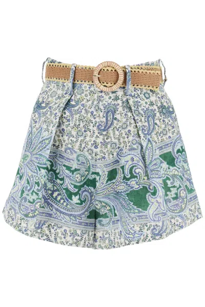 Zimmermann Ottie Belted Pleated Printed Linen Shorts In Green