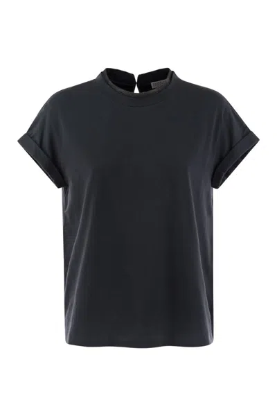 Brunello Cucinelli Short-sleeved T-shirt With Rolled Sleeves And Keyhole Detail In Black