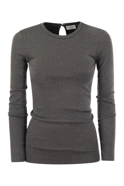 Brunello Cucinelli Women Ribbed Stretch Cotton Jersey T-shirt With Jewellery In Gray
