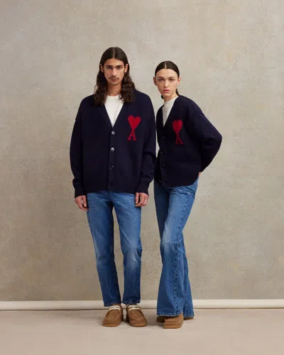 Ami Alexandre Mattiussi Blue Wool Red Ami De Coeur Cardigan Blue In Blue