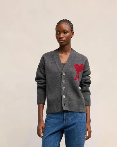 Ami Alexandre Mattiussi Ami Paris Ami De Coeur Heather Grey Wool Cardigan Men