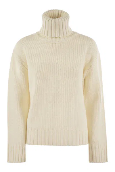 Shop Fabiana Filippi Wool, Silk And Cashmere Blend Turtleneck Sweater In Beige