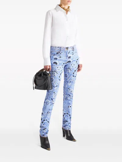 Etro Denim Jeans With Printed Bandana And Paisley In Clear Blue