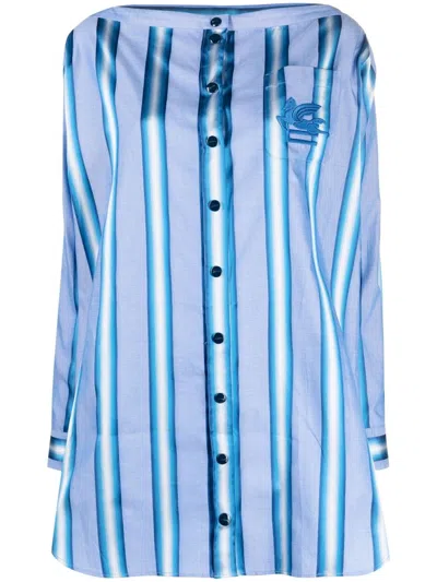 Etro Off-the-shoulder Embroidered Striped Cotton And Silk-blend Mini Shirt Dress