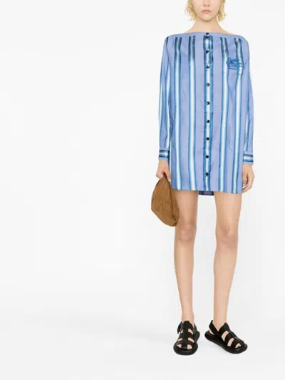 Etro Off-the-shoulder Embroidered Striped Cotton And Silk-blend Mini Shirt Dress