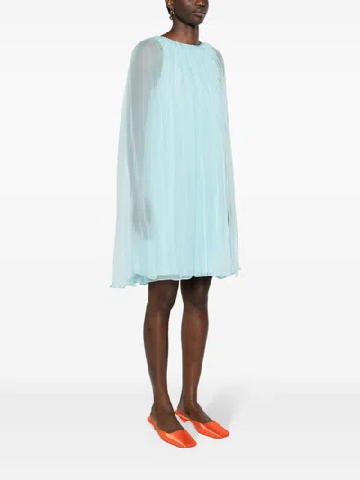 Max Mara Women Mini Light Blue Dress With Drawstring In Silk Chiffon Woman
