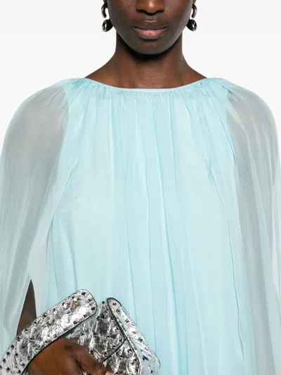 Max Mara Women Mini Light Blue Dress With Drawstring In Silk Chiffon Woman