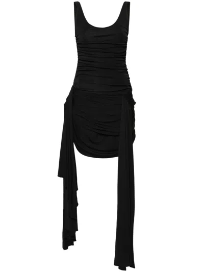 Mugler Draped Mini Dress With Side Trains In Black