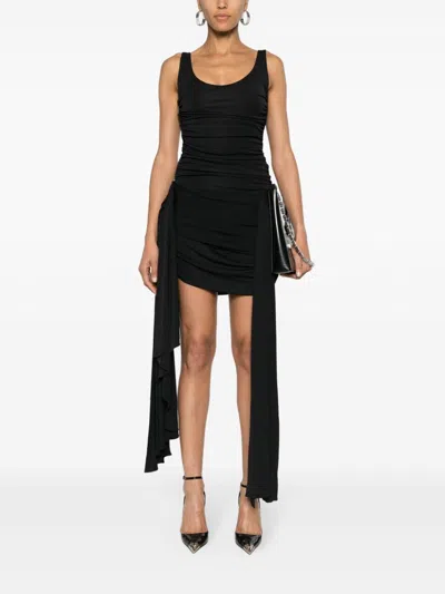Mugler Draped Mini Dress With Side Trains In Black