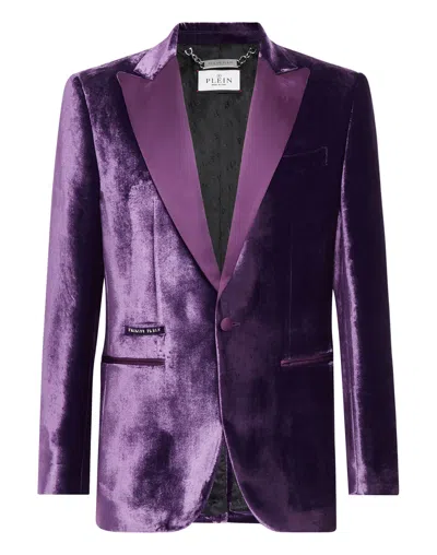Philipp Plein Single-breasted Velvet Blazer In Purple
