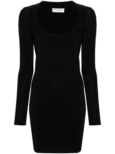 Saint Laurent Plunging Round Neck Long-sleeved Dress