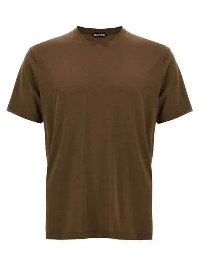 Tom Ford Military Green Crewneck T-shirt With Tf Embroidery In Lyocell And Cotton Blend Man