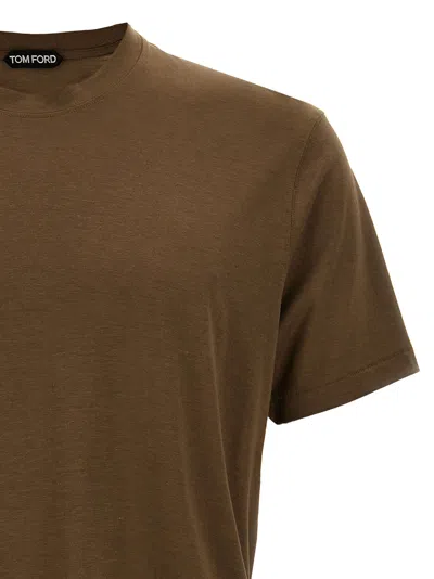 Tom Ford Military Green Crewneck T-shirt With Tf Embroidery In Lyocell And Cotton Blend Man