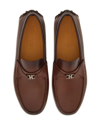 Ferragamo Gancini-ornament Driver Loafers In Brown