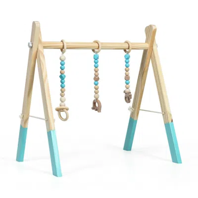 Hivvago Portable 3 Wooden Newborn Baby Exercise Activity Gym Teething Toys Hanging Bar-blue