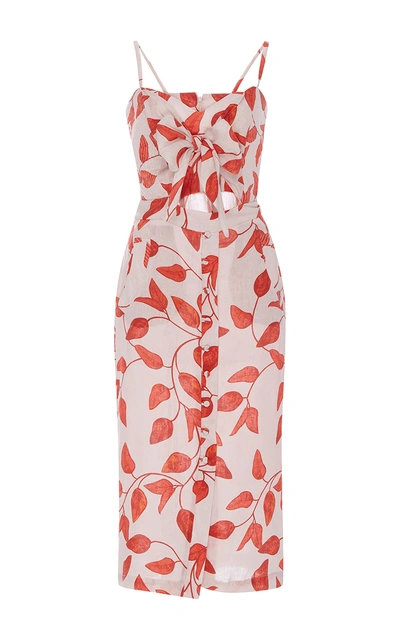 Johanna Ortiz Leaf-print Linen Tie-front Cami Dress, Red/white