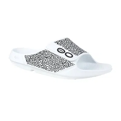 Oofos Unisex Ooahh Sport Flex Limited Velcro Slide Sandal ( Men's Sizes ) In White Labyrinth In Multi