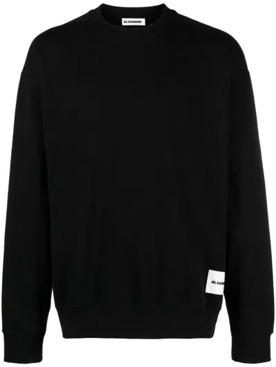 Shop Jil Sander Crewneck Cotton Sweatshirt With Logo Label In Black