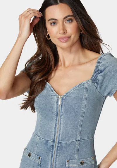 Bebe Front Zip Sweetheart Neckline Denim Romper In Silver Lake Wash