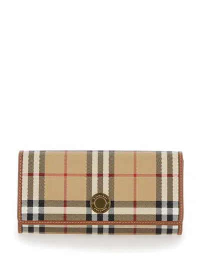 Shop Burberry 'halton' Beige Wallet With Branded Button In Check Fabric Woman