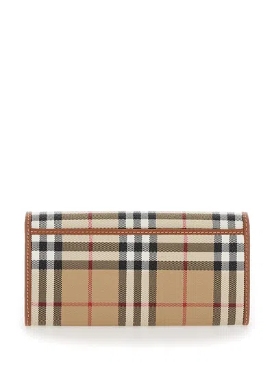 Shop Burberry 'halton' Beige Wallet With Branded Button In Check Fabric Woman