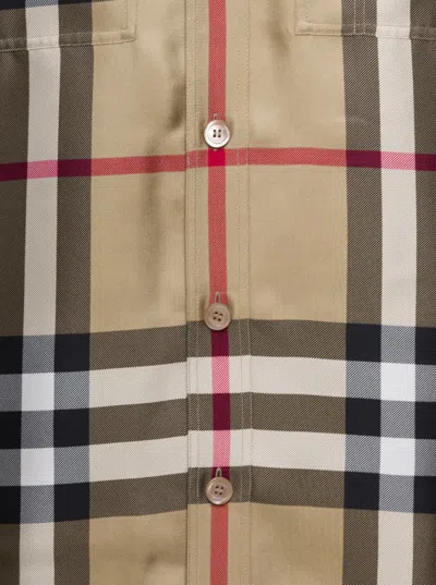 Shop Burberry Brown Bowling Shirt With All-over Checkered Print In Silk Man In Beige