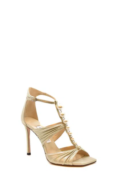 Jimmy Choo Open Toe Pearl T-bar Sandals In Platinum