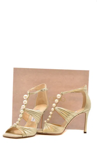 Jimmy Choo Open Toe Pearl T-bar Sandals In Platinum