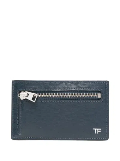 Shop Tom Ford Horizontal Grain Leather Zipper Cardholder Accessories In Blue