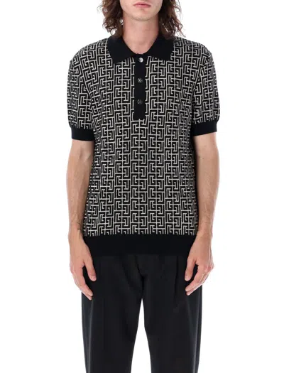 Shop Balmain Polo Monogram Knit In Nero Avorio