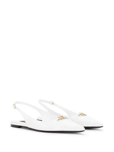 Dolce & Gabbana White Slingback Ballet Flats With Logo Detail In Leather Woman In White
