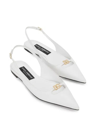 Dolce & Gabbana White Slingback Ballet Flats With Logo Detail In Leather Woman In White