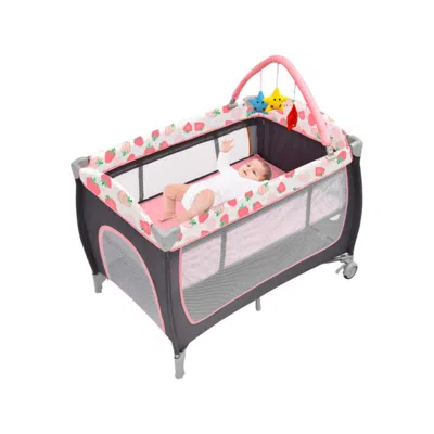 Hivvago 3-in-1 Portable Baby Playard With Zippered Door And Toy Bar-pink
