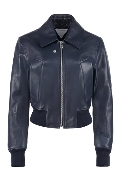 Bottega Veneta Zip-up Leather Bomber Jacket In Blue