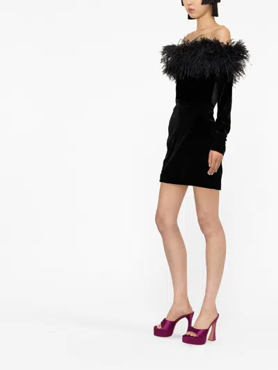 Alessandra Rich Feathered Off-the-shoulder Velvet Dress
