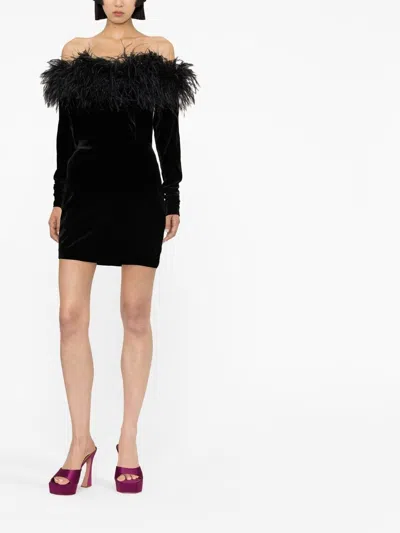Alessandra Rich Feathered Off-the-shoulder Velvet Dress